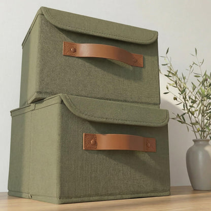 ZICOTO Beautiful Storage Bin with Lid – Foldable Cotton-Linen Fabric Box with PU Leather Handles, Decorative Closet Organizer Cube Reinforced with PP Board