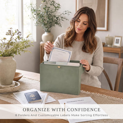 Document Organizer Box with 8 Folders - PU Leather File Organizer