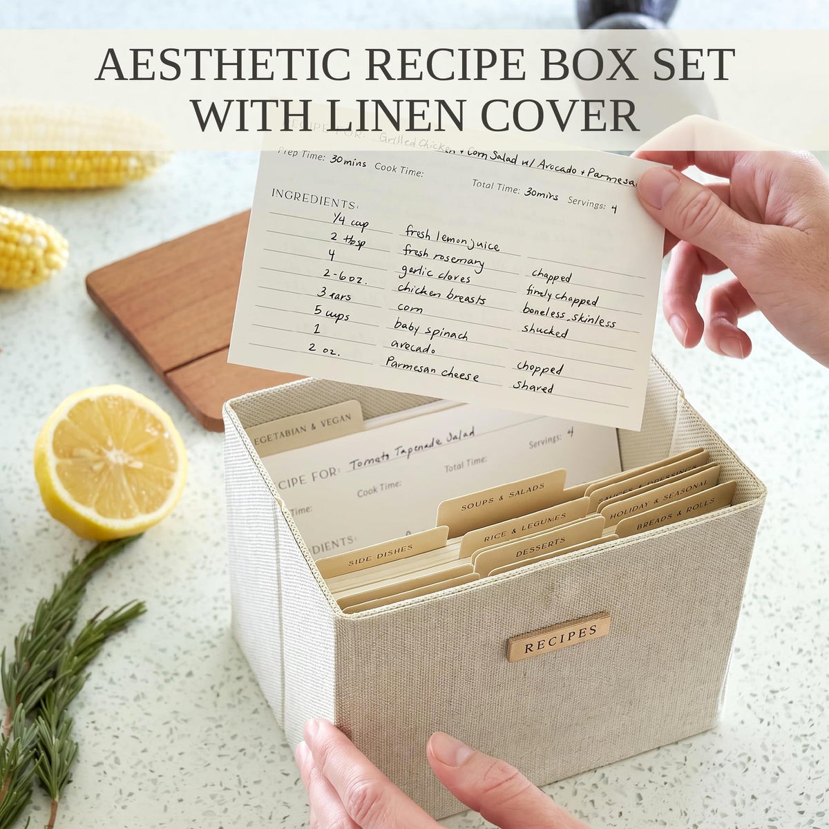 Beautiful Recipe Box with Wooden Lid - Incl. 50x 4x6" Recipe Cards and Matching Dividers to Easily Organize Up to 250 Recipes - A Sturdy Card Holder And Great Gift that Perfectly Fits into Any Kitchen