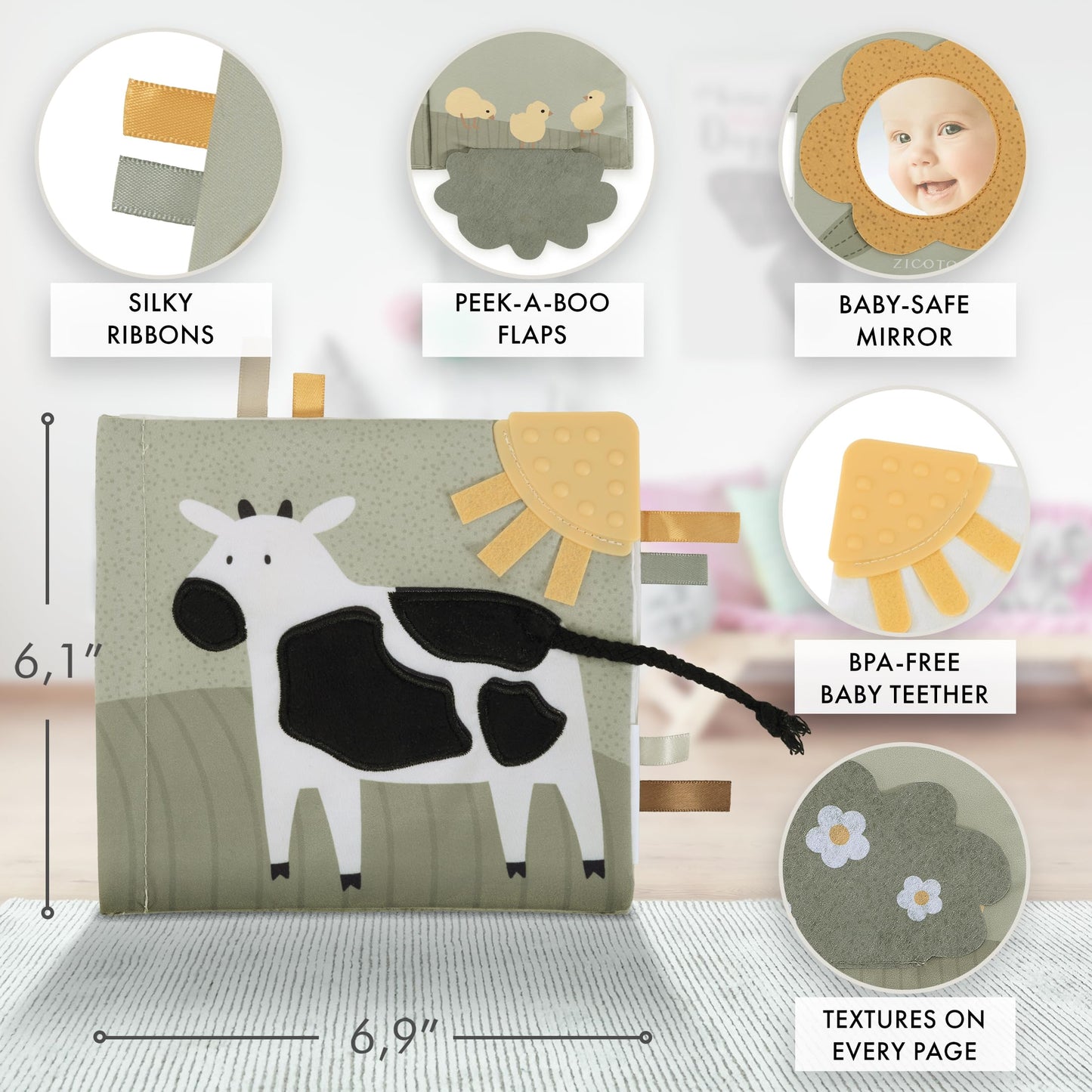 Soft Baby Book with Touch and Feel Pages - Cute Sensory Book for Babies 0-6, 6-12 & 12-18 Months with Mirror & Crinkle Paper - The Perfect Christmas Toy for Baby Showers Or as a Newborn/Infant Gift