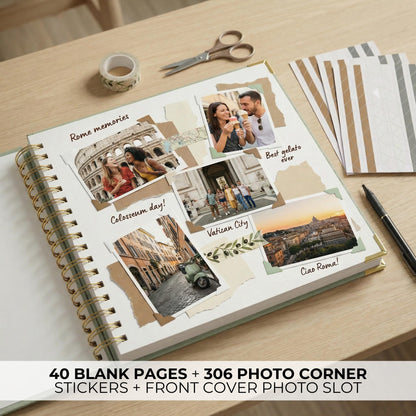 Elegant Scrap Book with Linen Cover and Gold Accents - Beautiful Photo Book & Memory Album for Preserving Cherished Photos - Lovely Gift