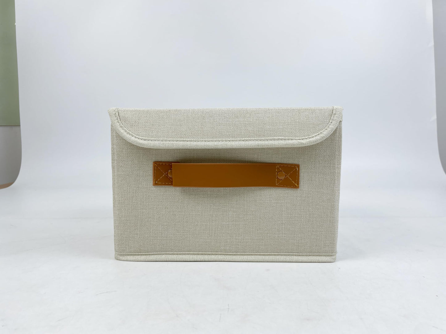 ZICOTO Beautiful Storage Bin with Lid - Foldable Cotton-Linen Fabric Box with PU Leather Handles, Decorative Closet Organizer Cube Reinforced with PP Board - Beige, Small