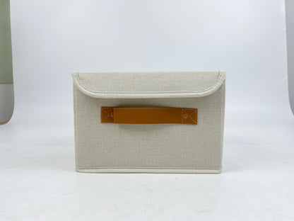 ZICOTO Beautiful Storage Bin with Lid - Foldable Cotton-Linen Fabric Box with PU Leather Handles, Decorative Closet Organizer Cube Reinforced with PP Board - Beige, Small