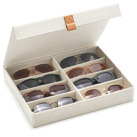 ZICOTO Beautiful Sunglass Storage Organizer For 8 Pairs - A Stylish Linen Case Protects and Displays All Your Glasses - The Perfect Storage Organizer To Hold Multiple Glasses Safe and Dust Free