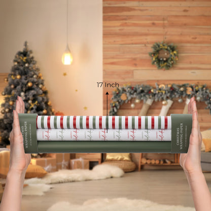 Beautiful Christmas Gift Wrapping Paper Rolls For Small & Medium Size Gifts - Set of 3 Quality Paper Rolls With Vintage Designs - Add a Touch of Magic to Every Gift You Wrap - 17 in x 120 in/Roll