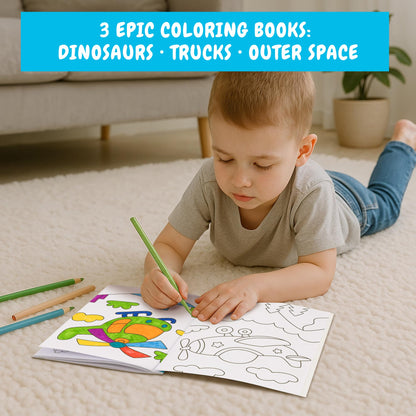 Fun Coloring Books for Kids Set of 3 - Exciting Dinosaur, Space & Trucks Coloring Book for Boys Ages 4-8 - Easy to Color Gift for Your Creative Little One