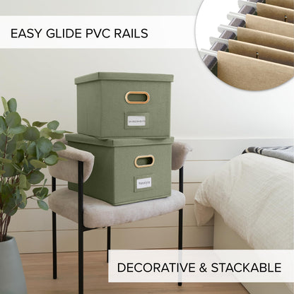 ZICOTO Decorative File Organizer Box Set of 2 - Collapsible Linen Filing Cabinets w/Handles Are Perfect to Store all Your Documents & Hanging File Folders - Portable Easy Slide Crates with Lid