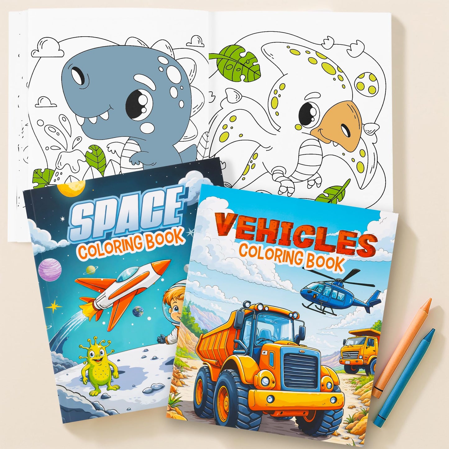 Fun Coloring Books for Kids Set of 3 - Exciting Dinosaur, Space & Trucks Coloring Book for Boys Ages 4-8 - Easy to Color Gift for Your Creative Little One