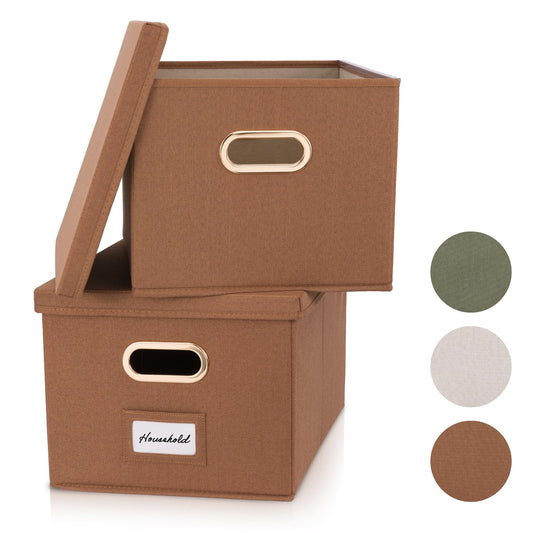 ZICOTO Decorative File Organizer Box Set of 2 - Collapsible Linen Filing Cabinets w/Handles Are Perfect to Store all Your Documents & Hanging File Folders - Portable Easy Slide Crates with Lid