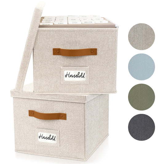 ZICOTO Decorative File Organizer Box Set of 2 - Collapsible Linen Filing Cabinets w/Handles Are Perfect to Store all Your Documents & Hanging File Folders - Portable Easy Slide Crates with Lid