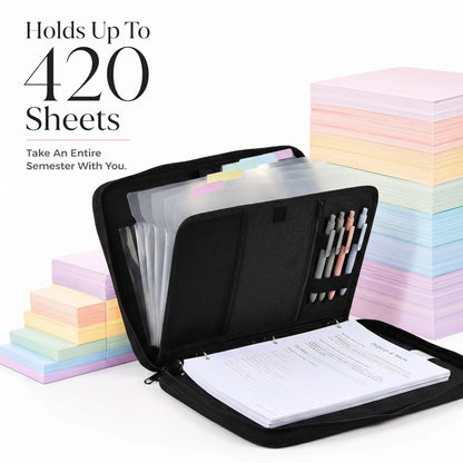 Sturdy 3 Ring Zipper Binder with Strap for School - Beautiful 1 Inch Zip Up Binder with 5-Tab Dividers Holds 420 Sheets, Books & Laptop - Easy to Carry Trapper Keeper Made of Premium Fabrics
