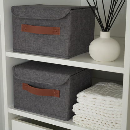 ZICOTO Beautiful Storage Bin with Lid – Foldable Cotton-Linen Fabric Box with PU Leather Handles, Decorative Closet Organizer Cube Reinforced with PP Board