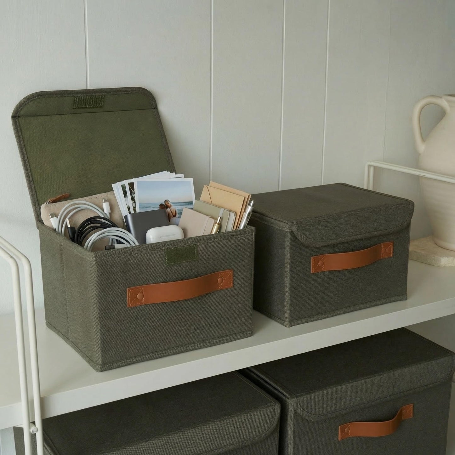 ZICOTO Beautiful Storage Bin with Lid – Foldable Cotton-Linen Fabric Box with PU Leather Handles, Decorative Closet Organizer Cube Reinforced with PP Board