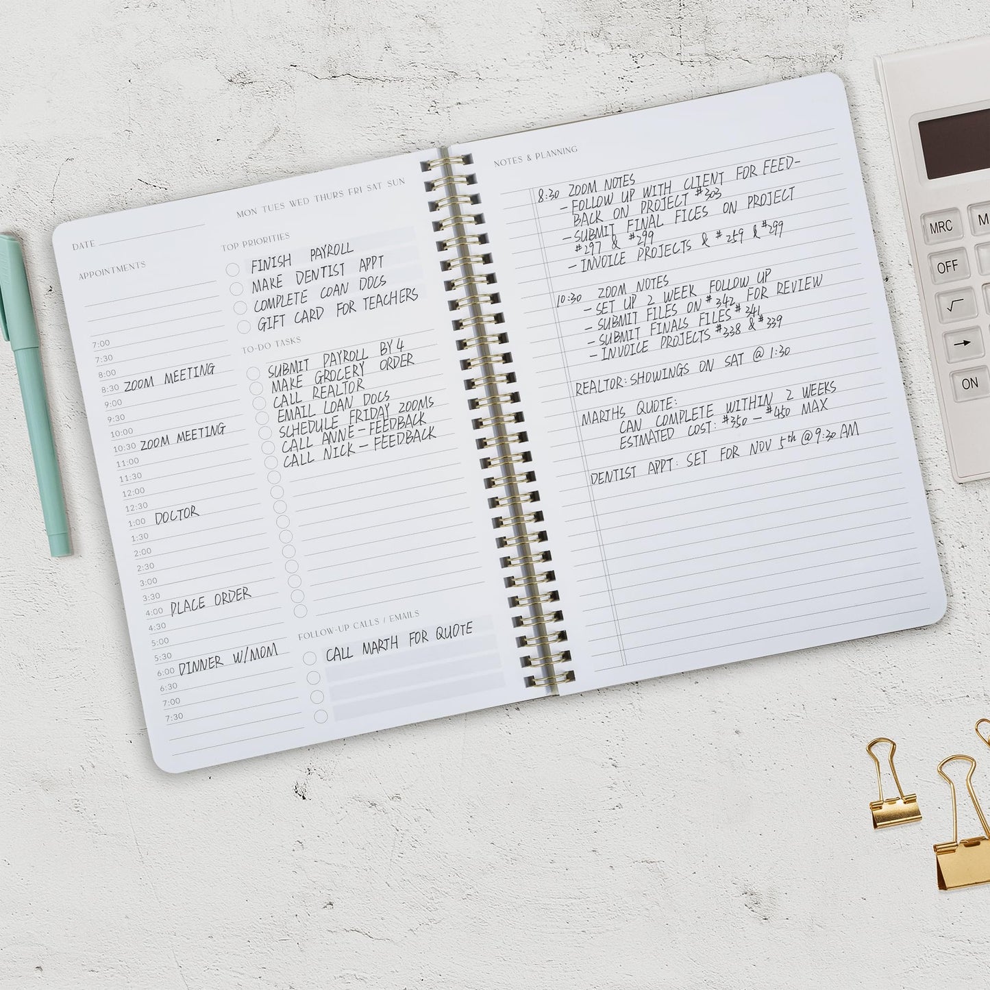 Beautiful Daily Planner And Notebook With Hourly Schedule - Spiral To do List Notepad to Organize Your Tasks And Appointments - Stylish Book And School Or Office Supplies For Women