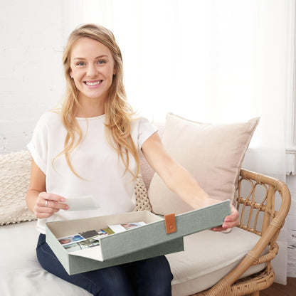 Decorative Photo Storage Boxes with Lids - Set of 2 Beautiful Linen Organizers Are Perfect to Safely Store Your Pictures, Documents, Scrapbooking Supplies, Keepsakes and Other Memories in Style