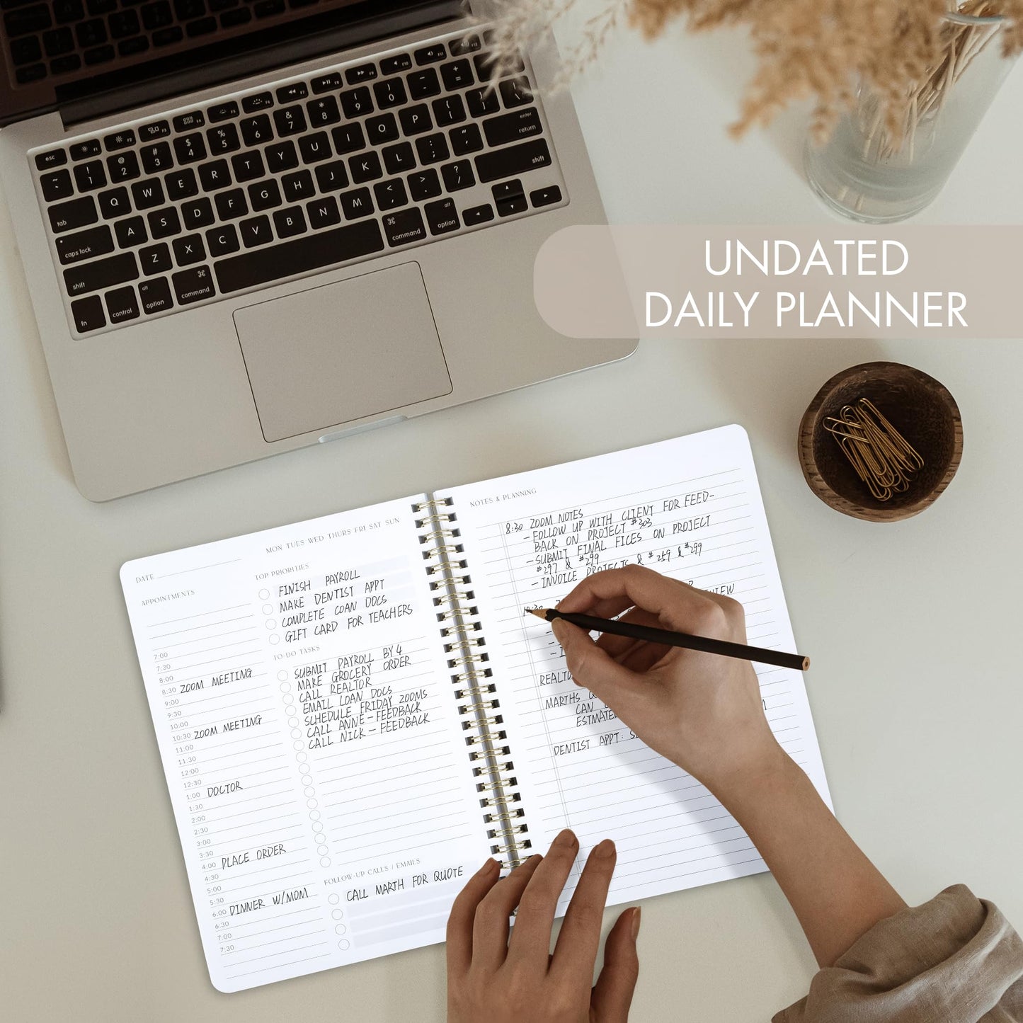 ZICOTO Beautiful Daily Planner And Notebook With Hourly Schedule - Aesthetic Spiral To do List Notepad to Easily Organize Your Work Tasks And Appointments - The Perfect Office Supplies For Women