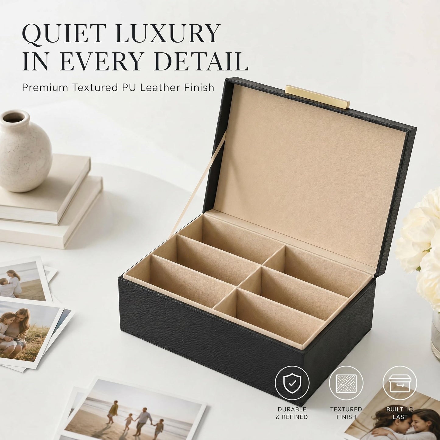 ZICOTO Decorative Photo Storage Box - Sturdy Linen Photo Organizer with Dividers is Perfect to Store Up to 1200 Pictures and 4x6 Photos - Portable Scrapbook Storage Containers with Lid