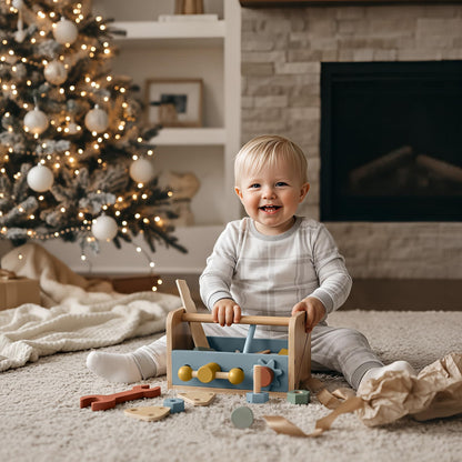 Stylish Wooden Tool Set for Toddlers - Durable Montessori Tool Box Kit with Hammer for Boys & Girls 2-5 Years - Fun Christmas Toy Gift for Kids with 30+ Safe Tools for Creative Play