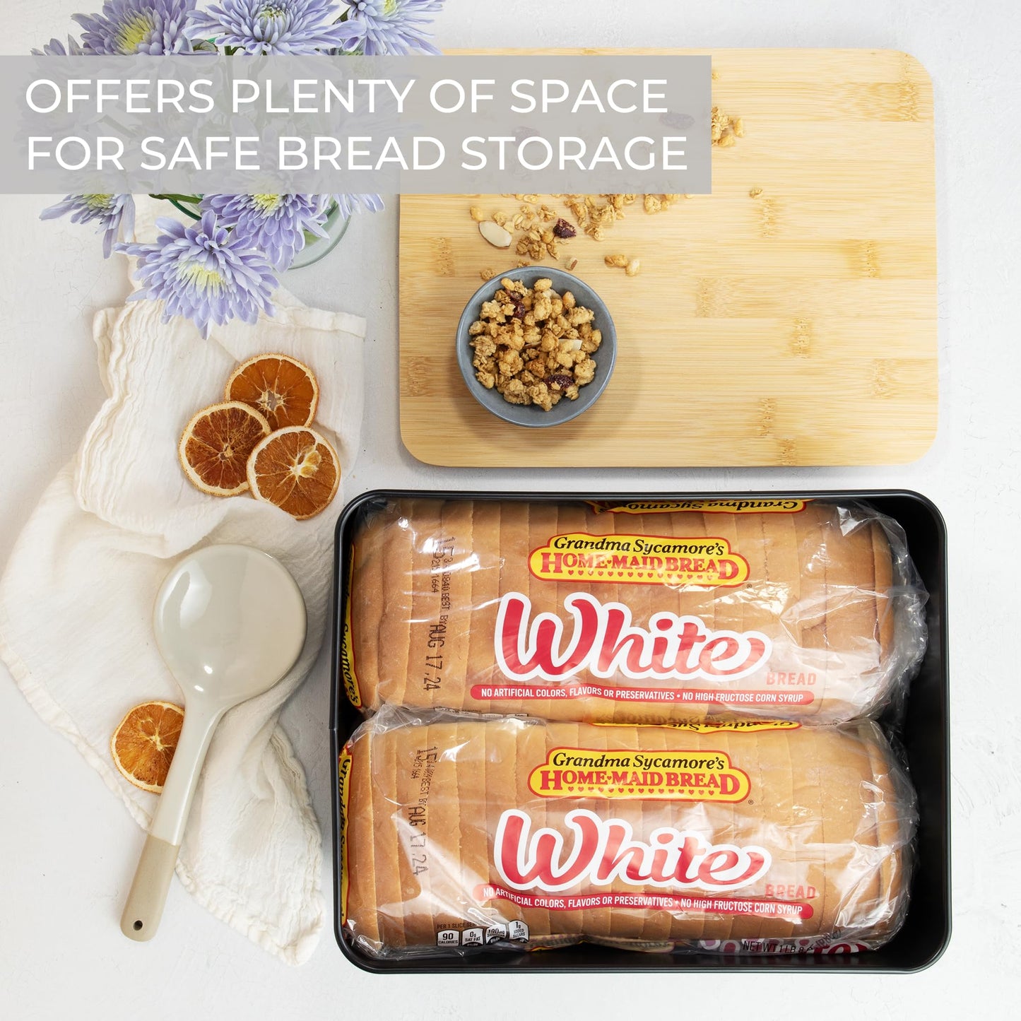 ZICOTO Beautiful Bread Box With Wooden Lid For Your Kitchen Countertop - Spacious Container Perfectly Stores Your Homemade Bread, English Muffins & Bagels - Quality Cutting Board Lid Keeps Loaf Fresh