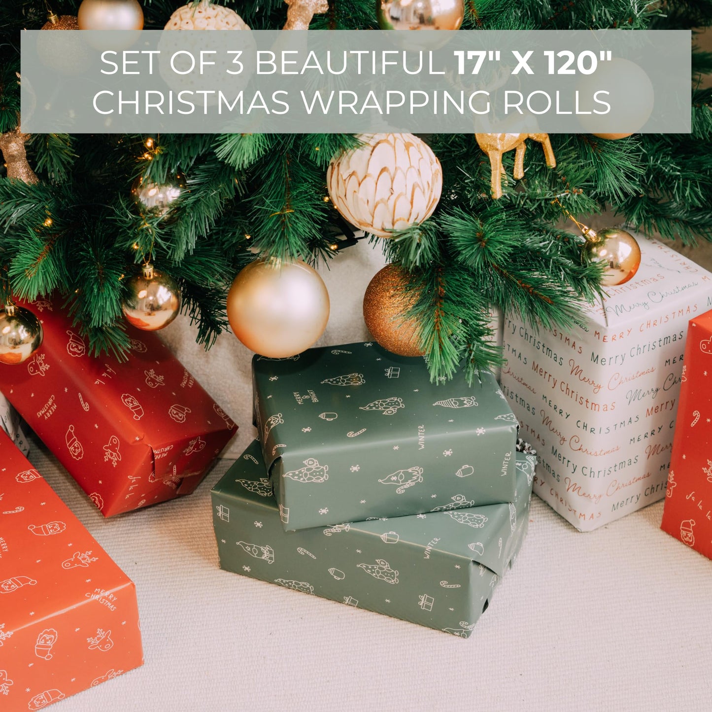 Beautiful Christmas Gift Wrapping Paper Rolls For Small & Medium Size Gifts - Set of 3 Quality Paper Rolls With Cute Designs - Add a Touch of Magic to Every Gift You Wrap - 17 in x 120 in Per Roll