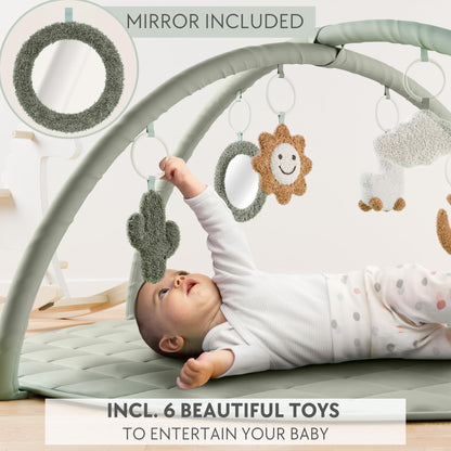 Beautiful Baby Play Gym and Tummy Time Mat - Soft Cotton Mat with 6 Cute Toys Creates The Perfect Activity Area for Your Girl/Boy - Stylish Infant Floor Playmat Fits Nicely with Any Playroom Decor