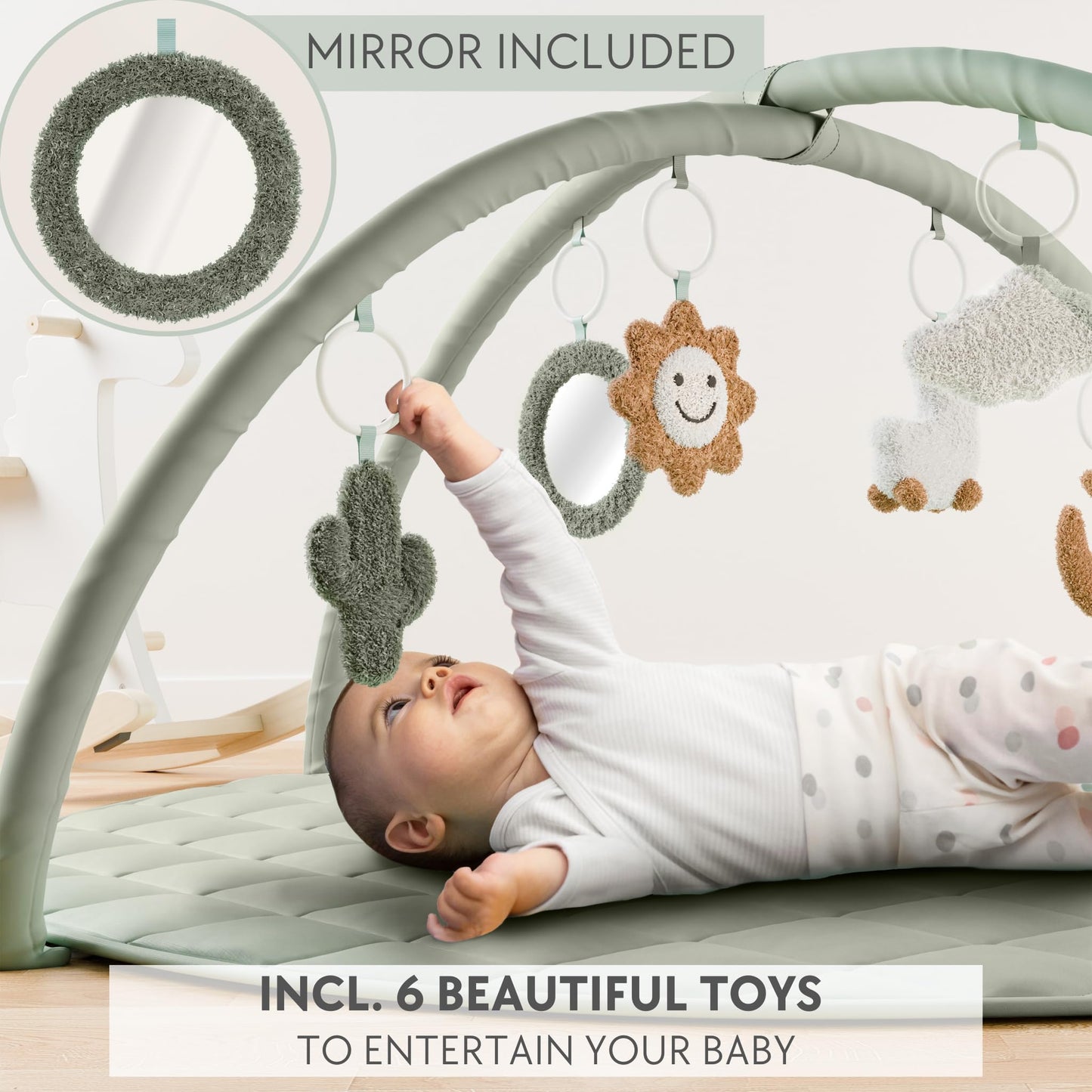 Beautiful Baby Play Gym - Soft Cotton Mat with 6 Cute Toys Creates The Perfect Activity Area for Your Girl/Boy - Stylish Infant Floor Playmat Fits Nicely with Any Playroom Decor