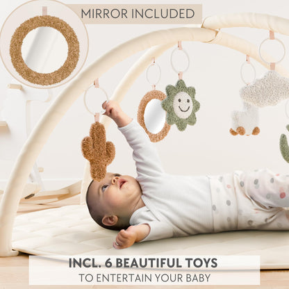 Beautiful Baby Play Gym and Tummy Time Mat - Soft Cotton Mat with 6 Cute Toys Creates The Perfect Activity Area for Your Girl/Boy - Stylish Infant Floor Playmat Fits Nicely with Any Playroom Decor