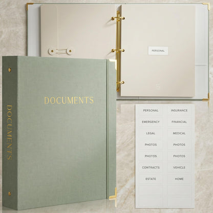 Aesthetic Document Organizer Folio - Linen Cover Life and Family Emergency Binder - Perfect Files Organizer for Your Important Documents, Birth Certificates, Passports, Social Security Cards, Photo
