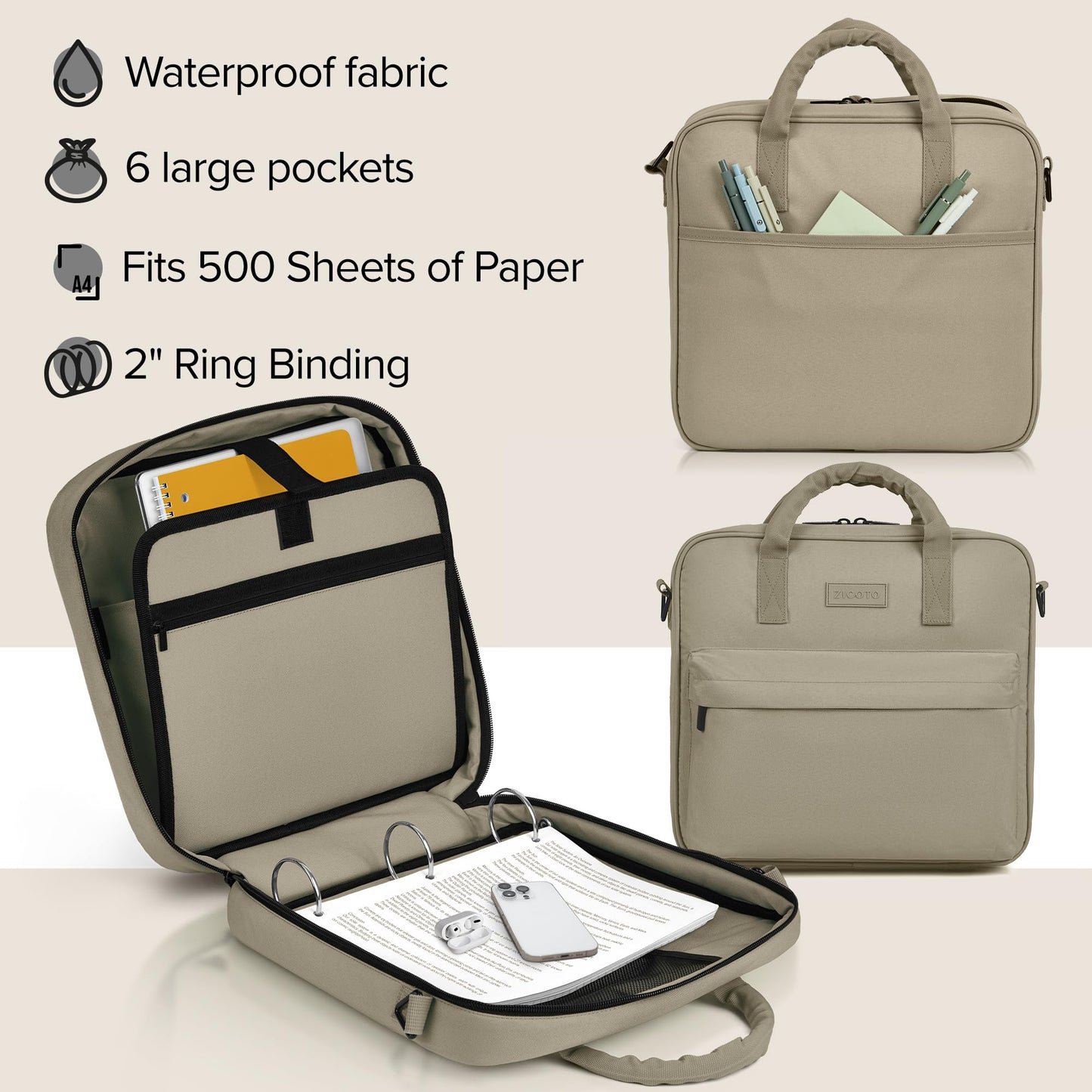 Sturdy 3 Ring Zipper Binder With Shoulder Strap For School - Beautiful 2 Inch Zip Up Binder with Extra Pockets Holds 500 Sheets, Books & Laptop - Easy to Carry and Made Of Durable Premium Fabrics
