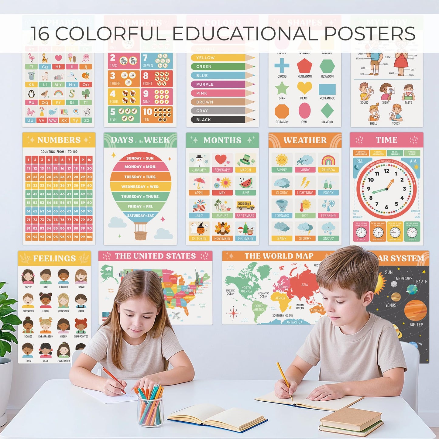 Fun Educational Posters for Toddlers 1-3 - Set of 16 Easy to Read Learning Posters for Classroom & Homeschool Decor - Essential Preschool/Kindergarten Kids Room Wall Charts incl. ABC & Number Chart