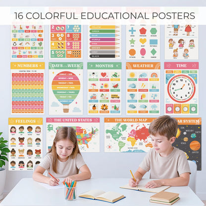Fun Educational Posters for Toddlers 1-3 - Set of 16 Easy to Read Learning Posters for Classroom & Homeschool Decor - Essential Preschool/Kindergarten Kids Room Wall Charts incl. ABC & Number Chart