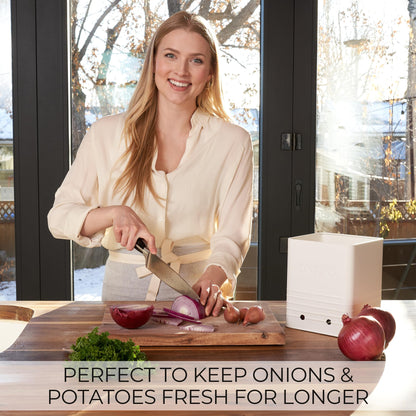 Beautiful Potato and Onion Storage Container Set - Perfectly Sized Spacious Canisters For Your Kitchen Counter Or Pantry - Quality Food Safe Metal Bins Keep Your Produce/Vegetables Fresh Longer