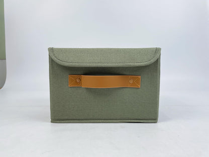 ZICOTO Beautiful Storage Bin with Lid - Foldable Cotton-Linen Fabric Box with PU Leather Handles, Decorative Closet Organizer Cube Reinforced with PP Board - Beige, Small