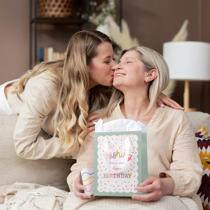 Beautiful Gift Bags Set of 4 - Medium Sized 9" Bags with Handles incl. Matching Tissue Paper, Cards & Small Stickers - Reusable & For Presents of Any Birthday, Weddings, Mothers Day & Other Occasion