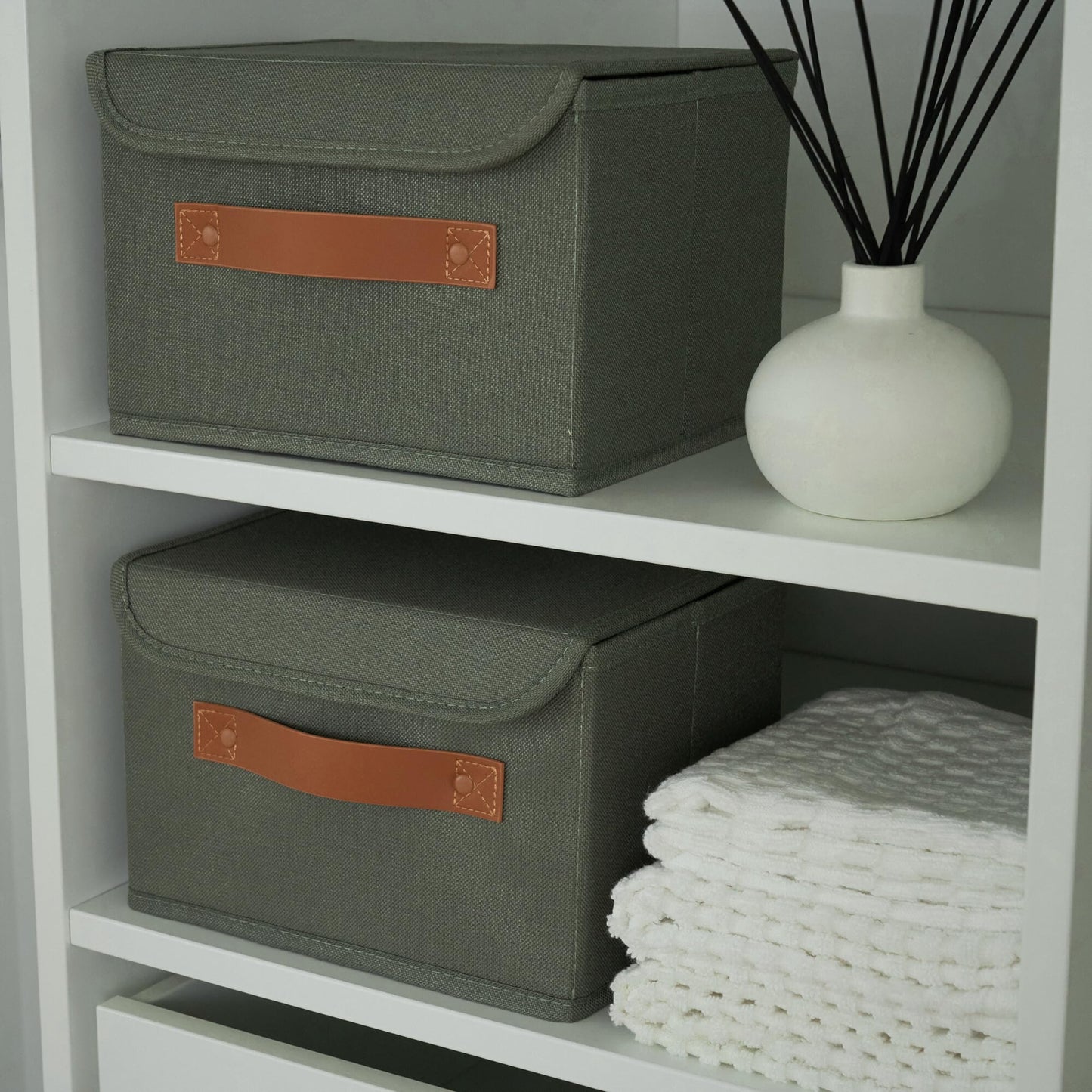 ZICOTO Beautiful Storage Bin with Lid – Foldable Cotton-Linen Fabric Box with PU Leather Handles, Decorative Closet Organizer Cube Reinforced with PP Board