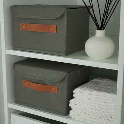 ZICOTO Beautiful Storage Bin with Lid – Foldable Cotton-Linen Fabric Box with PU Leather Handles, Decorative Closet Organizer Cube Reinforced with PP Board
