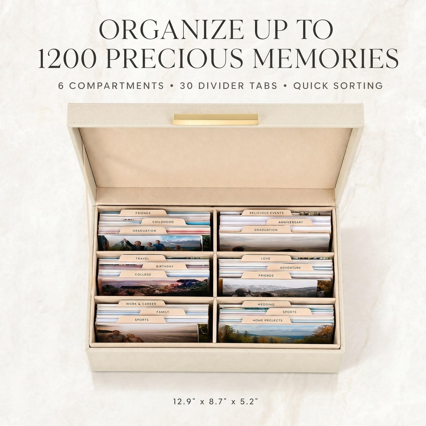 ZICOTO Decorative Photo Storage Box - Sturdy Linen Photo Organizer with Dividers is Perfect to Store Up to 1200 Pictures and 4x6 Photos - Portable Scrapbook Storage Containers with Lid