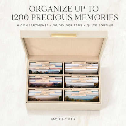 ZICOTO Decorative Photo Storage Box - Sturdy Linen Photo Organizer with Dividers is Perfect to Store Up to 1200 Pictures and 4x6 Photos - Portable Scrapbook Storage Containers with Lid