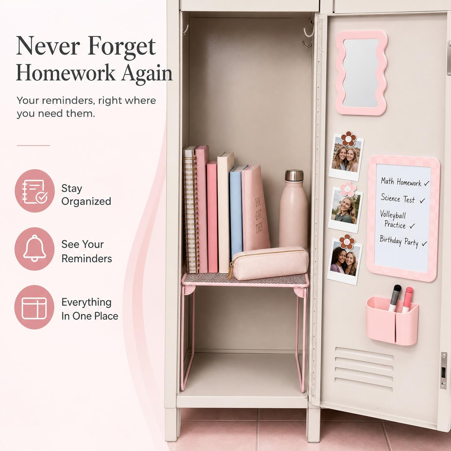 Stylish Locker Accessories Kit - Includes Shelf, Mirror, Whiteboard, Pen Holder, Cute Flower Magnets & Marker Set - All-in-One School Locker Decor & Organizer Set to Brighten Up Your School Day