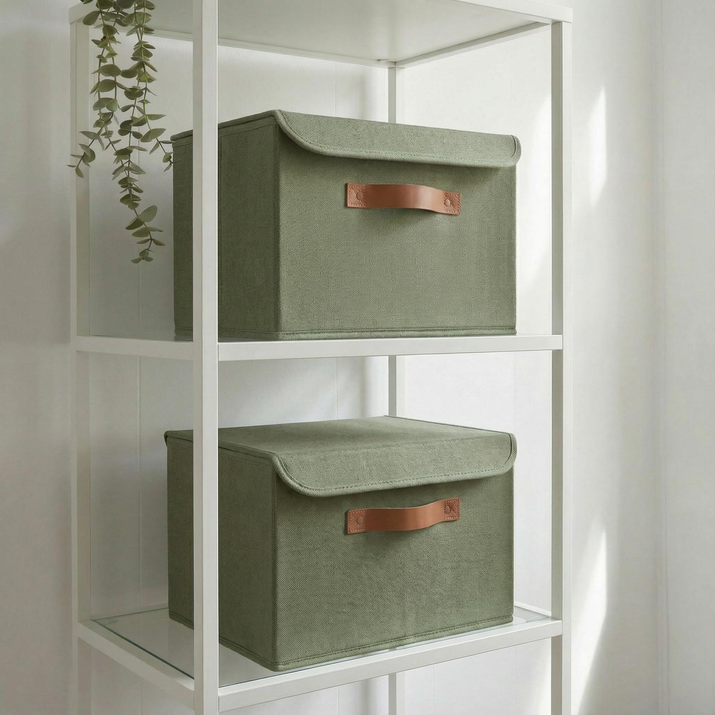ZICOTO Beautiful Storage Bin with Lid – Foldable Cotton-Linen Fabric Box with PU Leather Handles, Decorative Closet Organizer Cube Reinforced with PP Board