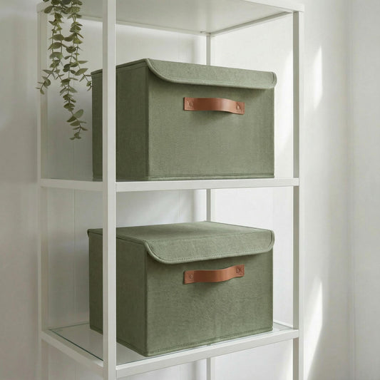 ZICOTO Beautiful Storage Bin with Lid – Foldable Cotton-Linen Fabric Box with PU Leather Handles, Decorative Closet Organizer Cube Reinforced with PP Board