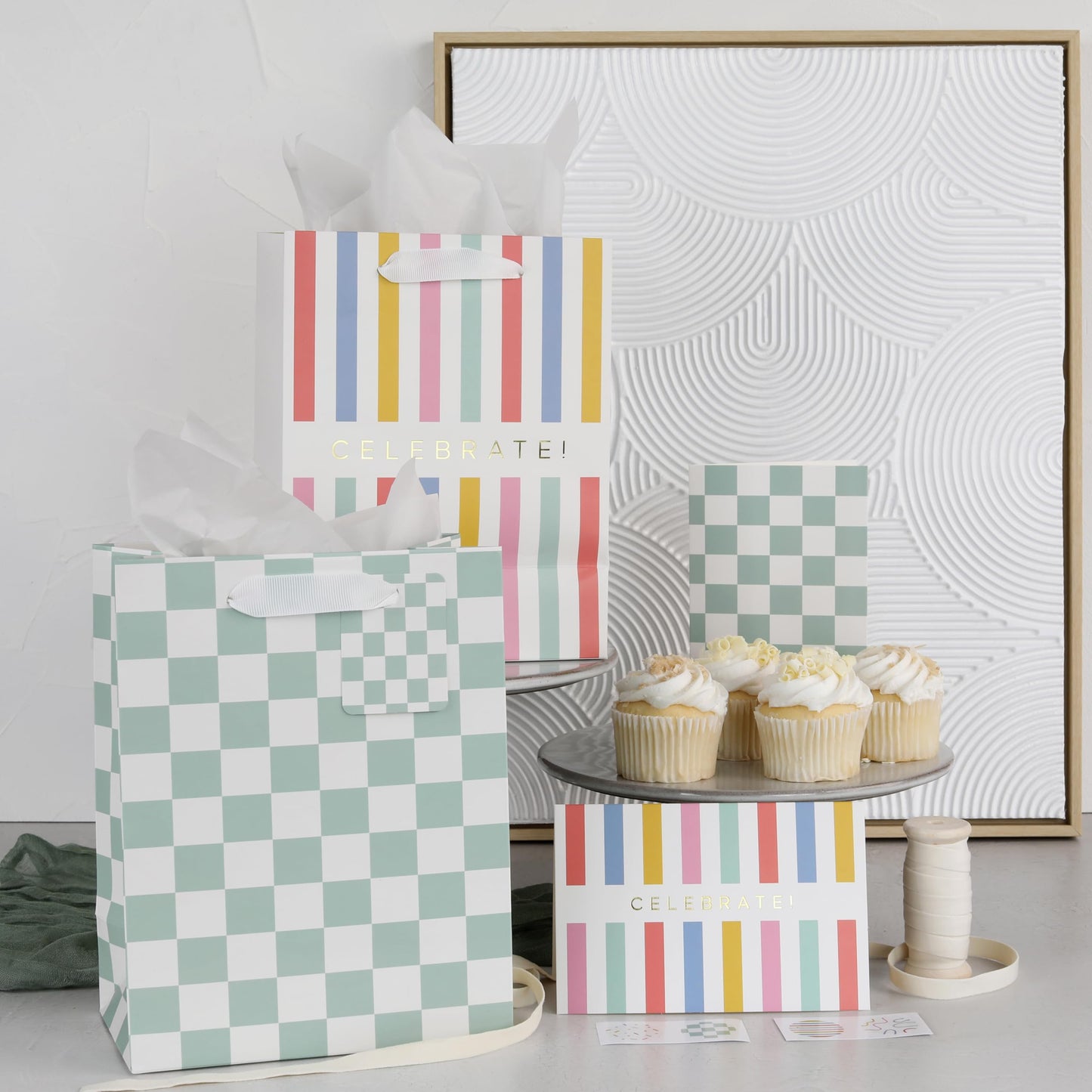 Beautiful Gift Bags Set of 4 - Medium Sized 9" Bags with Handles incl. Matching Tissue Paper, Cards & Small Stickers - Reusable & For Presents of Any Birthday, Weddings, Mothers Day & Other Occasion