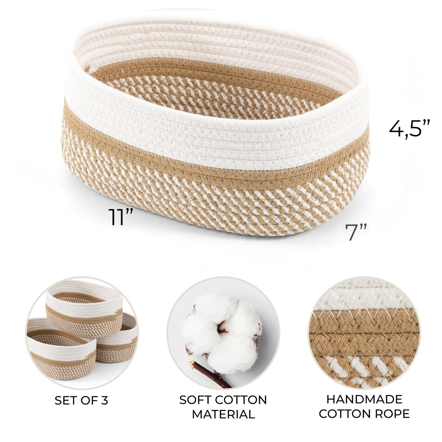 Beautiful Storage Basket Set of 3 - Sturdy Cotton Rope Baskets for Shelves Are Perfect for Organizing Your Home - Quality Storage Bins Easily Fit With Any Nursery or Bedroom Decor
