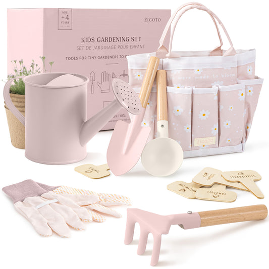 ZICOTO Fun Kids Gardening Set with Bag - Safe Gardening Tools for Kids - The Perfect Gardening Kit incl. Watering Can