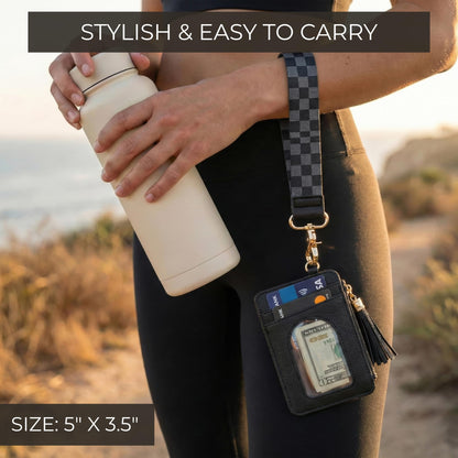 Stylish Wristlet Wallet for Women - Slim Design Credit Card Holder w/ Plenty of Storage incl. Clear ID Window & Zipper Pocket - Easy Carry RFID Blocking Keychain Wallet w/ Tassel, Lanyard & Gold Rings