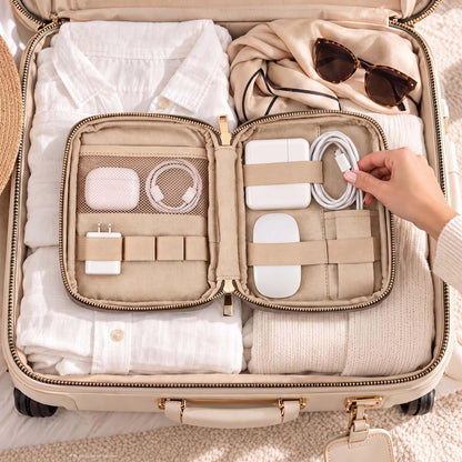 Stylish Tech Organizer Pouch - PU Leather Electronics Travel Bag for Women