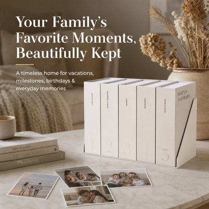 Decorative Photo Storage Box Set of 5 for 4x6 Pictures - Sturdy Photo Album Organizer Boxes with Dividers and Pre-Printed Labels to Keep Your Pictures Beautifully Organized on Your Home Decor Shelf