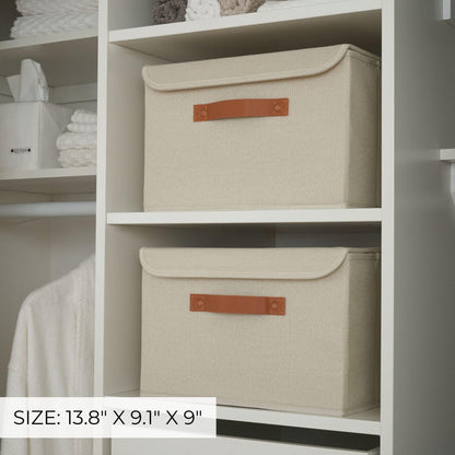 ZICOTO Beautiful Storage Bin with Lid – Foldable Cotton-Linen Fabric Box with PU Leather Handles, Decorative Closet Organizer Cube Reinforced with PP Board