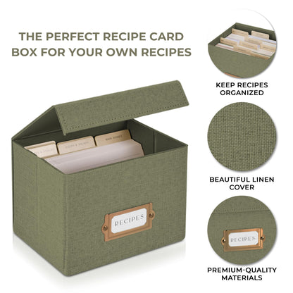 Beautiful Linen Recipe Box Set - Incl. 50x 4x6 inch Recipe Cards and Matching Dividers to Easily Organize Up to 250 Recipes - A Sturdy Card Holder And Great Gift that Perfectly Fits into Any Kitchen