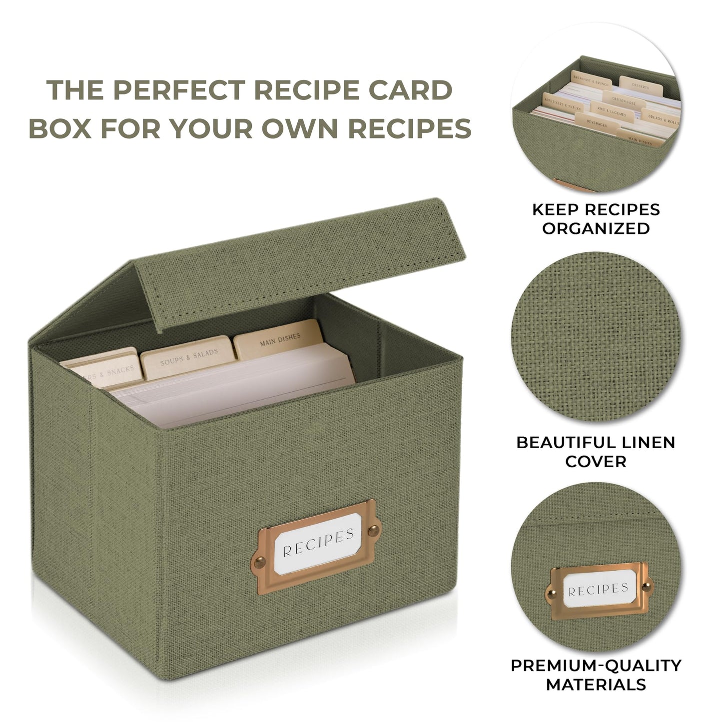 ZICOTO Beautiful Linen Recipe Box - Fits 4x6 inch Recipe Cards to Organize Up to 250 Recipes - Sturdy Card Holder and Great Gift for Any Kitchen - Cards Not Incl.